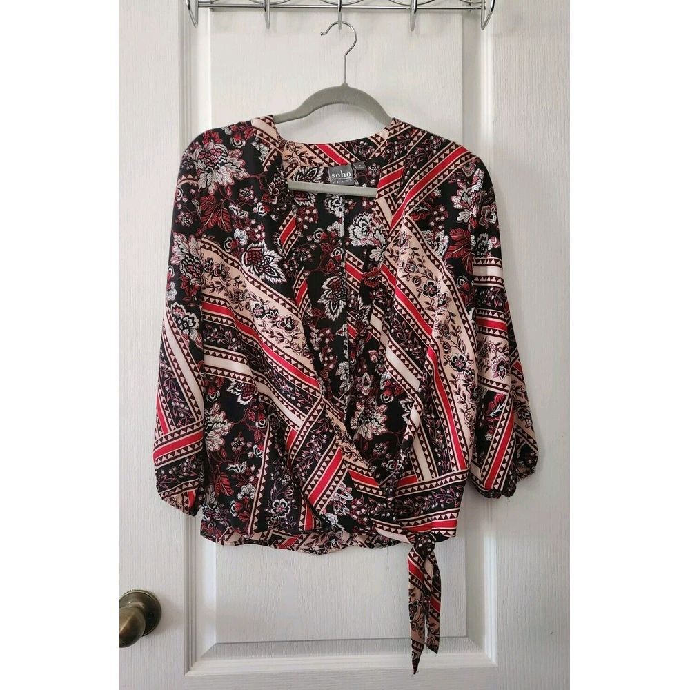 Soho Women's Bohemian Blouse 3/4 Sleeve Wrap Look Red, Black, Cream Size M